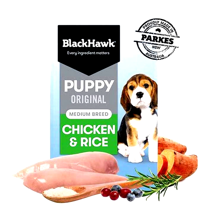 What are the ingredients in Black Hawk puppy chicken and rice?